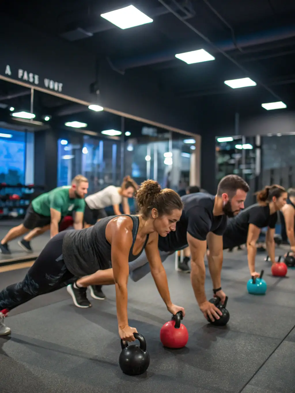 A group of people participating in a high-intensity interval training (HIIT) class, demonstrating dynamic workouts.