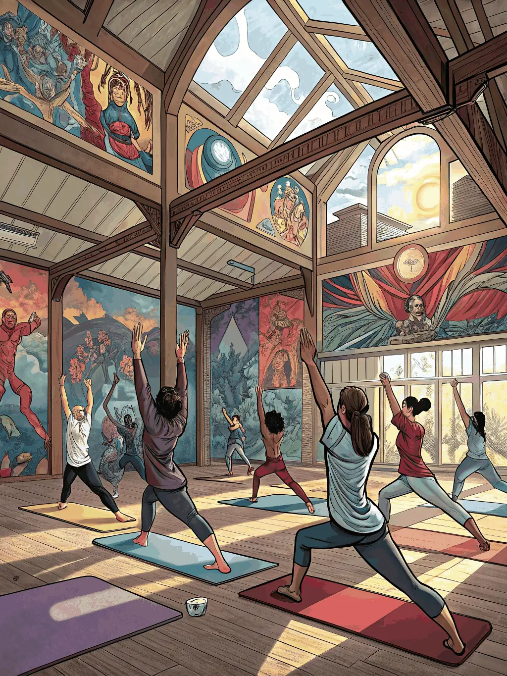 A group of people doing yoga in a fitness studio, promoting flexibility and relaxation.