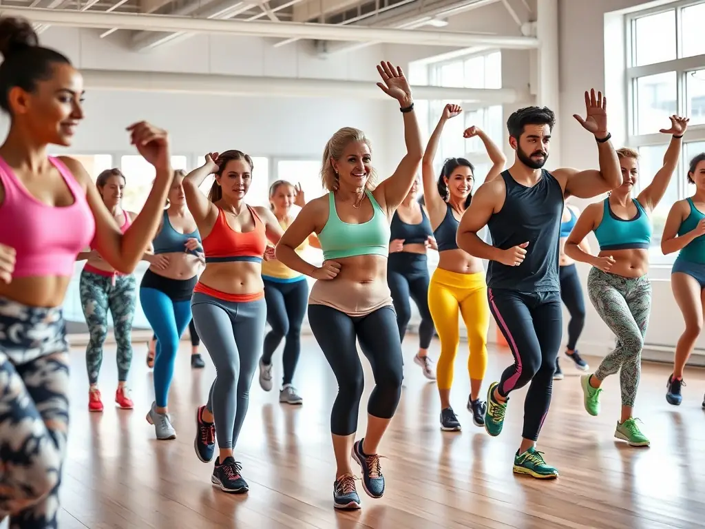 A group of diverse individuals participating in a fitness class at MUSCULATION CLUB UZERCHOIS, showcasing inclusivity and community spirit.