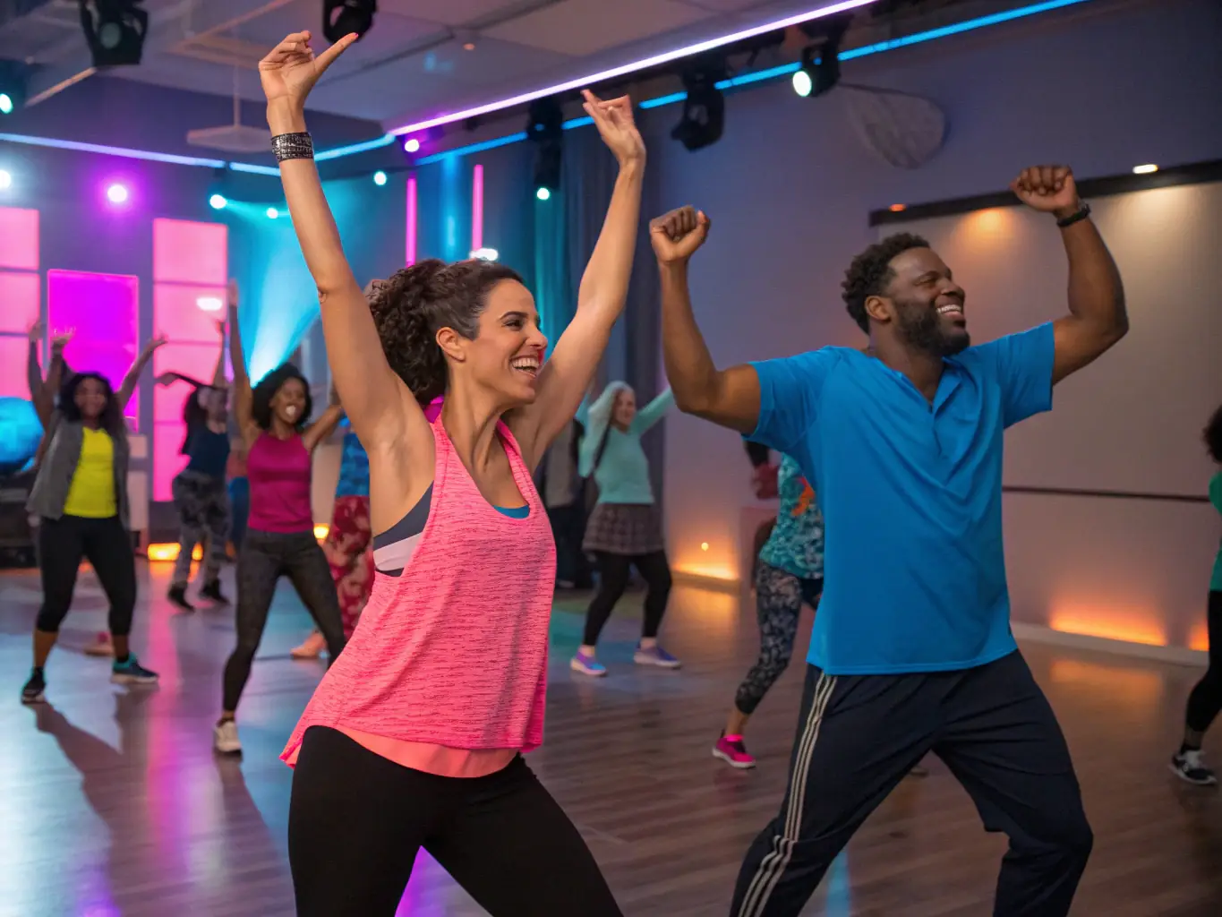 A diverse group of people are participating in a high-energy Zumba class at MUSCULATION CLUB UZERCHOIS, showcasing the fun and inclusive atmosphere of the club.