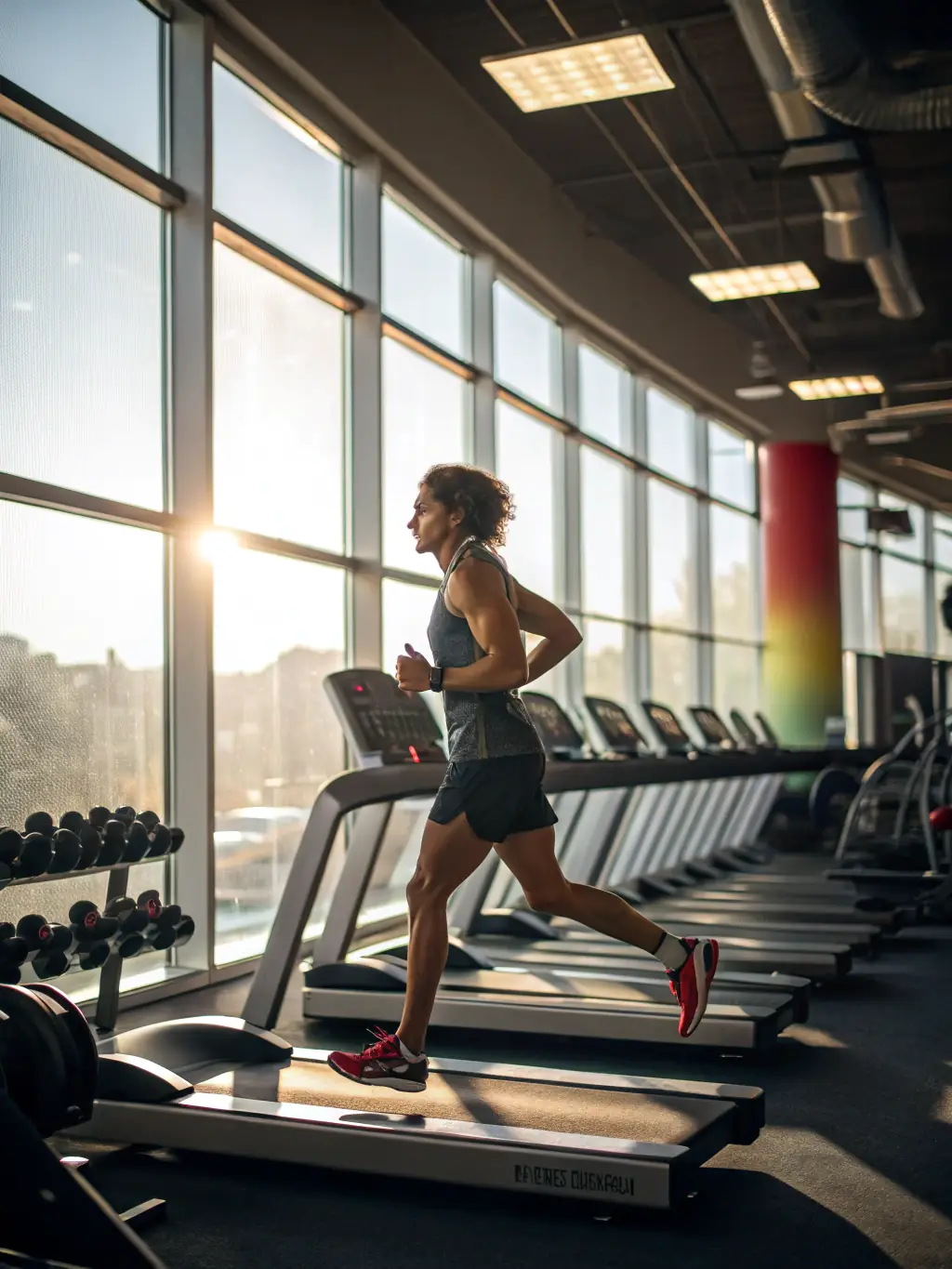 A person running on a treadmill in a gym, emphasizing cardio fitness.
